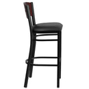 SINGLEWAVE Series Black 4 Square Back Metal Restaurant Barstool - Mahogany Wood Back, Black Vinyl Seat