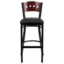 SINGLEWAVE Series Black 4 Square Back Metal Restaurant Barstool - Mahogany Wood Back, Black Vinyl Seat