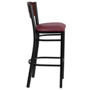 SINGLEWAVE Series Black 4 Square Back Metal Restaurant Barstool - Mahogany Wood Back, Burgundy Vinyl Seat