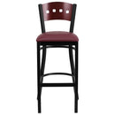 SINGLEWAVE Series Black 4 Square Back Metal Restaurant Barstool - Mahogany Wood Back, Burgundy Vinyl Seat
