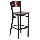 SINGLEWAVE Series Black 4 Square Back Metal Restaurant Barstool - Mahogany Wood Back & Seat