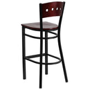 SINGLEWAVE Series Black 4 Square Back Metal Restaurant Barstool - Mahogany Wood Back & Seat