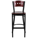 SINGLEWAVE Series Black 4 Square Back Metal Restaurant Barstool - Mahogany Wood Back & Seat