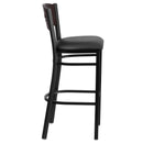 SINGLEWAVE Series Black 3 Circle Back Metal Restaurant Barstool - Walnut Wood Back, Black Vinyl Seat