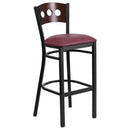 SINGLEWAVE Series Black 3 Circle Back Metal Restaurant Barstool - Walnut Wood Back, Burgundy Vinyl Seat