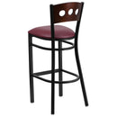 SINGLEWAVE Series Black 3 Circle Back Metal Restaurant Barstool - Walnut Wood Back, Burgundy Vinyl Seat