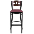 SINGLEWAVE Series Black 3 Circle Back Metal Restaurant Barstool - Walnut Wood Back, Burgundy Vinyl Seat
