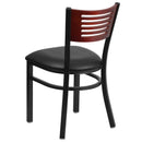 SINGLEWAVE Series Black Slat Back Metal Restaurant Chair - Mahogany Wood Back, Black Vinyl Seat