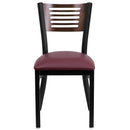 SINGLEWAVE Series Black Slat Back Metal Restaurant Chair - Walnut Wood Back, Burgundy Vinyl Seat