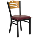 SINGLEWAVE Series Black Slat Back Metal Restaurant Chair - Natural Wood Back, Burgundy Vinyl Seat