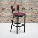 SINGLEWAVE Series Black Slat Back Metal Restaurant Barstool - Mahogany Wood Back, Burgundy Vinyl Seat