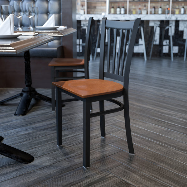SINGLEWAVE Series Black Vertical Back Metal Restaurant Chair - Cherry Wood Seat