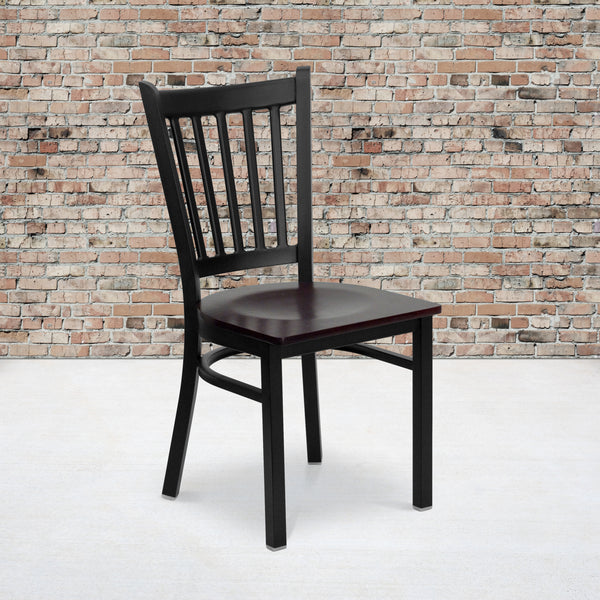 SINGLEWAVE Series Black Vertical Back Metal Restaurant Chair - Mahogany Wood Seat