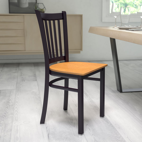 SINGLEWAVE Series Black Vertical Back Metal Restaurant Chair - Natural Wood Seat