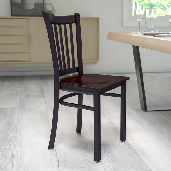 SINGLEWAVE Series Black Vertical Back Metal Restaurant Chair - Walnut Wood Seat