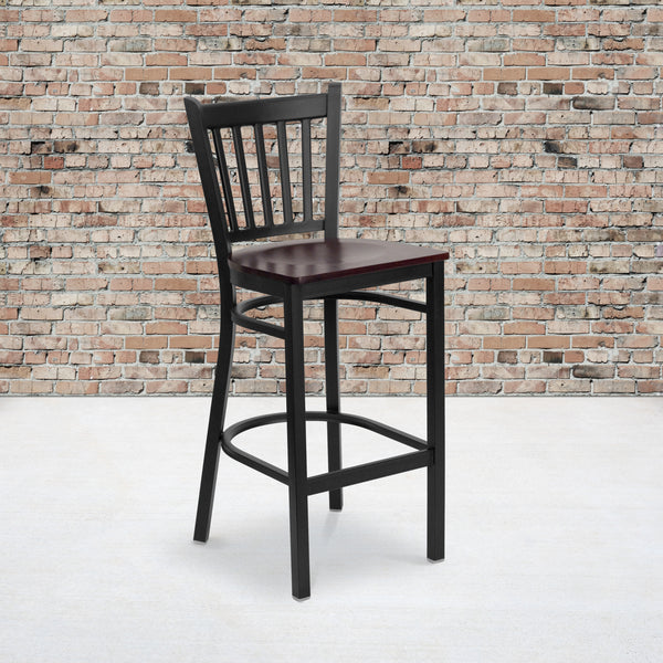 SINGLEWAVE Series Black Vertical Back Metal Restaurant Barstool - Mahogany Wood Seat