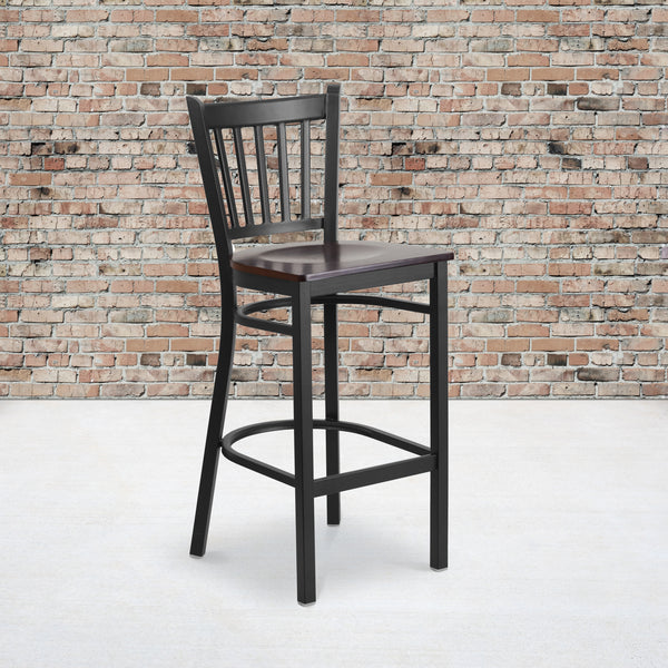 SINGLEWAVE Series Black Vertical Back Metal Restaurant Barstool - Walnut Wood Seat