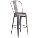 30" High Clear Coated Barstool with Back and Wood Seat
