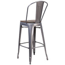 30" High Clear Coated Barstool with Back and Wood Seat