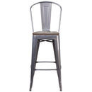 30" High Clear Coated Barstool with Back and Wood Seat