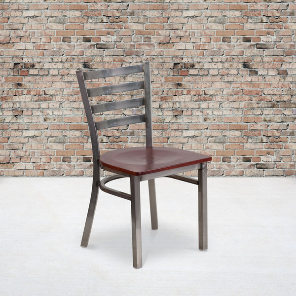 SINGLEWAVE Series Clear Coated Ladder Back Metal Restaurant Chair - Mahogany Wood Seat