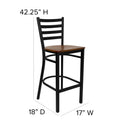 SINGLEWAVE Series Black Ladder Back Metal Restaurant Barstool - Cherry Wood Seat