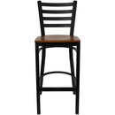SINGLEWAVE Series Black Ladder Back Metal Restaurant Barstool - Cherry Wood Seat