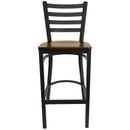 SINGLEWAVE Series Black Ladder Back Metal Restaurant Barstool - Mahogany Wood Seat