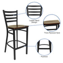 SINGLEWAVE Series Black Ladder Back Metal Restaurant Barstool - Mahogany Wood Seat