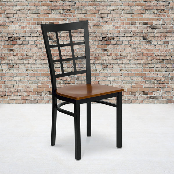 SINGLEWAVE Series Black Window Back Metal Restaurant Chair - Cherry Wood Seat