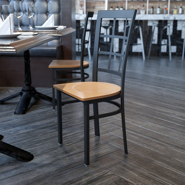 SINGLEWAVE Series Black Window Back Metal Restaurant Chair - Natural Wood Seat