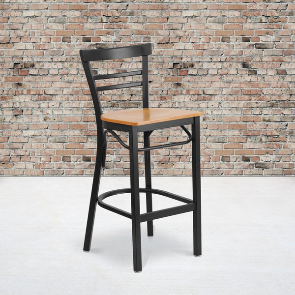 SINGLEWAVE Series Black Two-Slat Ladder Back Metal Restaurant Barstool - Natural Wood Seat