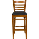 SINGLEWAVE Series Ladder Back Cherry Wood Restaurant Barstool - Black Vinyl Seat
