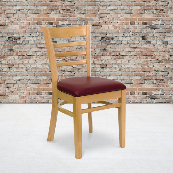 SINGLEWAVE Series Ladder Back Natural Wood Restaurant Chair - Burgundy Vinyl Seat