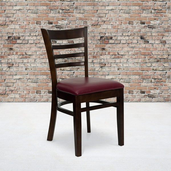 SINGLEWAVE Series Ladder Back Walnut Wood Restaurant Chair - Burgundy Vinyl Seat