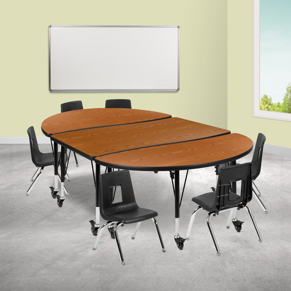 Mobile 76" Oval Wave Flexible Laminate Activity Table Set with 14" Student Stack Chairs, Oak/Black