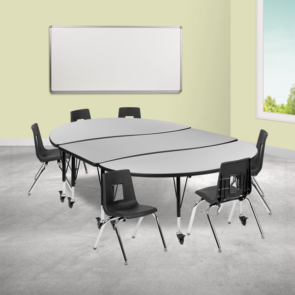 Mobile 86" Oval Wave Flexible Laminate Activity Table Set with 14" Student Stack Chairs, Grey/Black