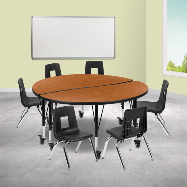 Mobile 47.5" Circle Wave Flexible Laminate Activity Table Set with 14" Student Stack Chairs, Oak/Black