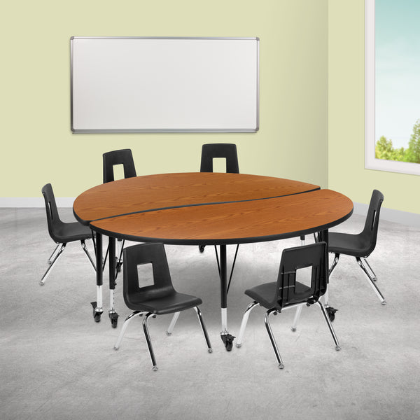 Mobile 60" Circle Wave Flexible Laminate Activity Table Set with 14" Student Stack Chairs, Oak/Black