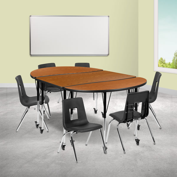 Mobile 76" Oval Wave Flexible Laminate Activity Table Set with 16" Student Stack Chairs, Oak/Black