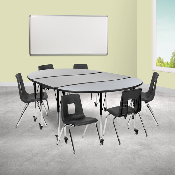 Mobile 86" Oval Wave Flexible Laminate Activity Table Set with 16" Student Stack Chairs, Grey/Black