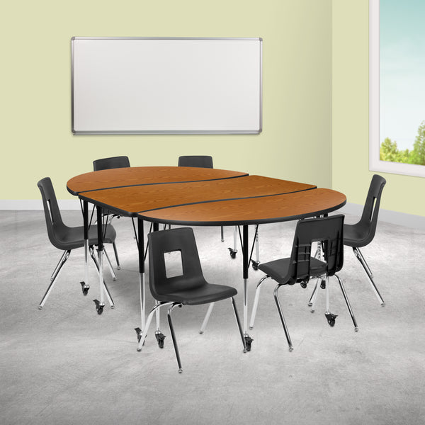 Mobile 86" Oval Wave Flexible Laminate Activity Table Set with 16" Student Stack Chairs, Oak/Black