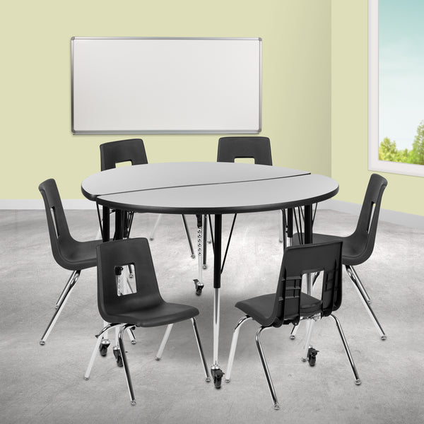 Mobile 47.5" Circle Wave Flexible Laminate Activity Table Set with 16" Student Stack Chairs, Grey/Black