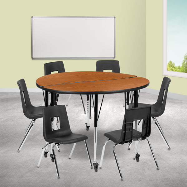Mobile 47.5" Circle Wave Flexible Laminate Activity Table Set with 16" Student Stack Chairs, Oak/Black