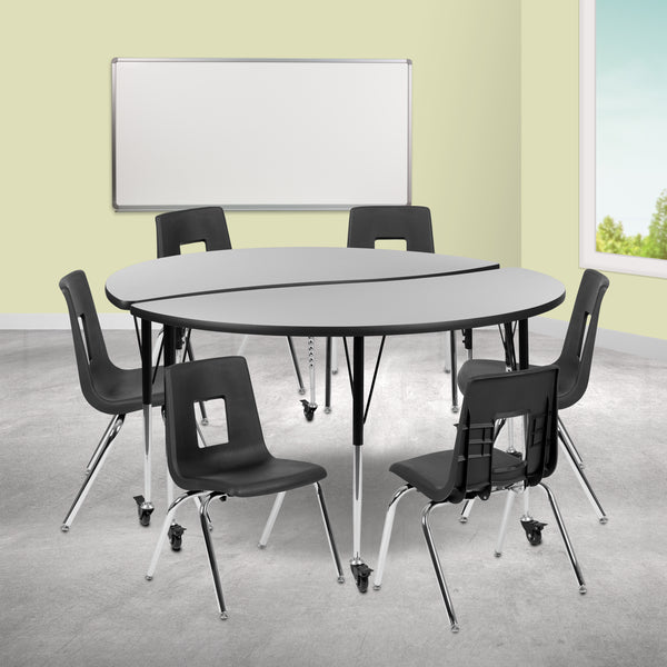 Mobile 60" Circle Wave Flexible Laminate Activity Table Set with 16" Student Stack Chairs, Grey/Black