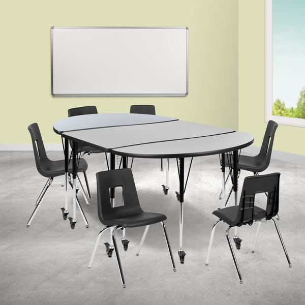 Mobile 76" Oval Wave Flexible Laminate Activity Table Set with 18" Student Stack Chairs, Grey/Black