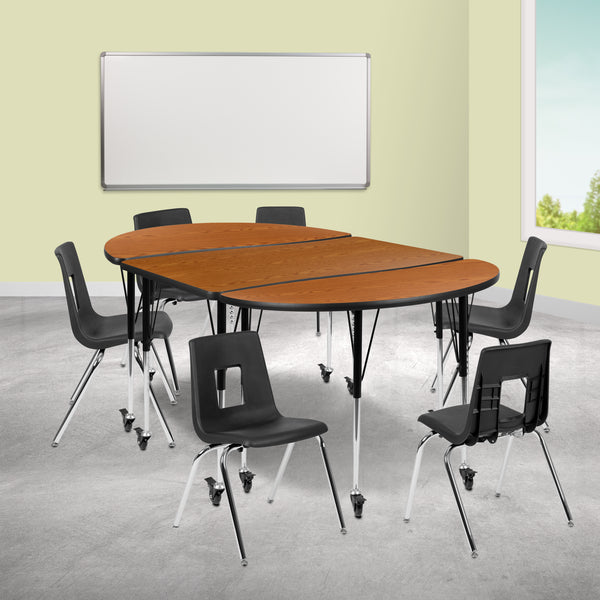 Mobile 76" Oval Wave Flexible Laminate Activity Table Set with 18" Student Stack Chairs, Oak/Black