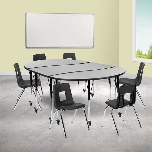 Mobile 86" Oval Wave Flexible Laminate Activity Table Set with 18" Student Stack Chairs, Grey/Black