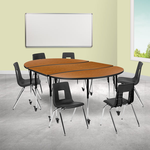 Mobile 86" Oval Wave Flexible Laminate Activity Table Set with 18" Student Stack Chairs, Oak/Black