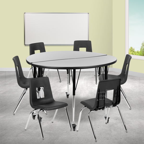 Mobile 47.5" Circle Wave Flexible Laminate Activity Table Set with 18" Student Stack Chairs, Grey/Black